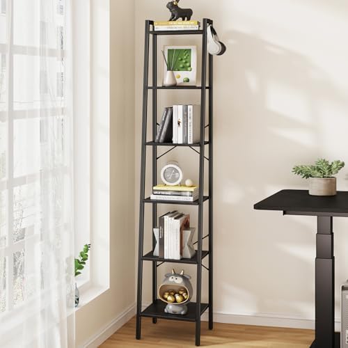 Ladder Shelf, Bookshelf Bookcase, Freestanding Corner Storage Shelve with 2 Hooks for Home Office, Living Room, Kitchen, Bedroom, Industrial, 11.8" D x 13.4" W x 72.8" H, Black BC13304B