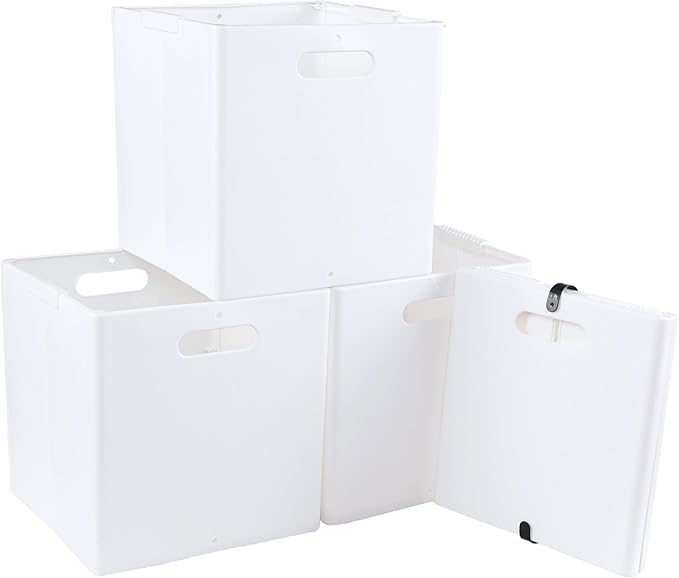 4-Pack Collapsible Plastic Storage Cube Bins, White Foldable Cube Storage Bins