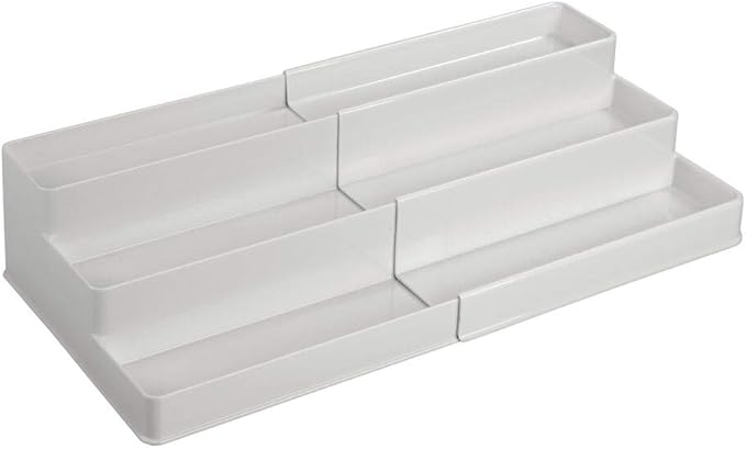 mDesign Plastic Expandable 3-Tier Shelf Rack Organizer - Storage for Bathroom Vanity, Cabinet, Cupboard, Drawer - Holds Medicine, Vitamins, Supplements, Cosmetics - Ligne Collection - Light Gray