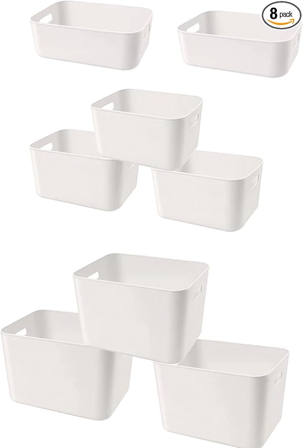 Amyup Set Of 8 Plastic Storage Bins,Versatile Kitchen Pantry Organization and Storage,for Plastic Storage Container Under Bed,Under Sink Bathroom Organizer (White, 8 Pack