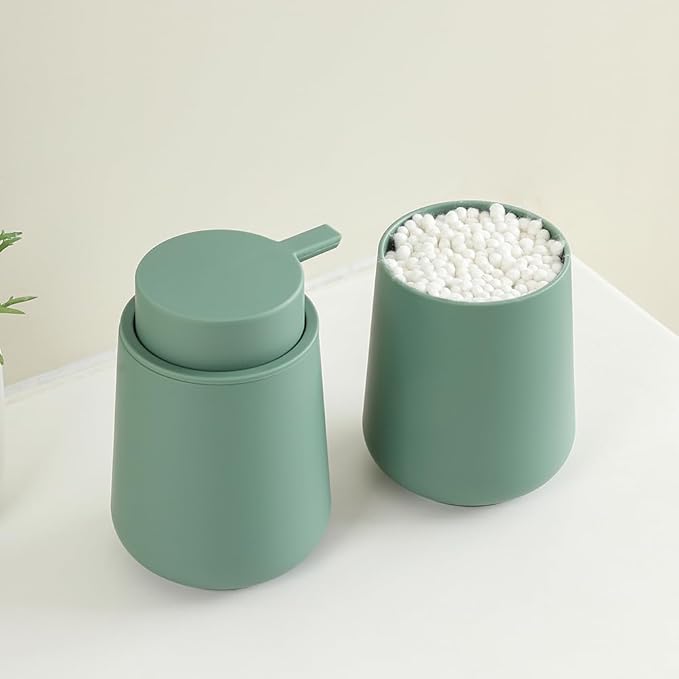 Matte Green Bathroom Accessories 2 Piece Set Plastic Soap Dispenser and Toothbrush Holder for Modern Bathroom Decor