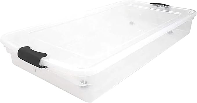 HOMZ 2-Pack Under Bed Storage, Clear Plastic Containers with Lids, 60 Quart, Gray Latch - Stackable Underbed Organizer Bins for Shoes, Bags, Clothes, and Towels