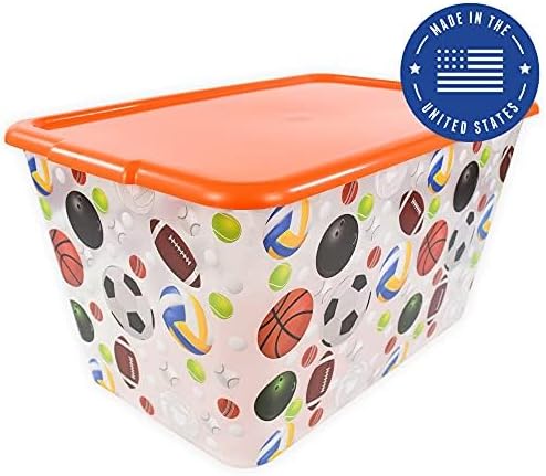 Storage Totes with Lids 4PC - Made in USA 14.5-Gallon Colorful Printed Decorative Design Storage Boxes Storage Bins with Lids Plastic Storage Containers for Organizer Orange/Sports Balls