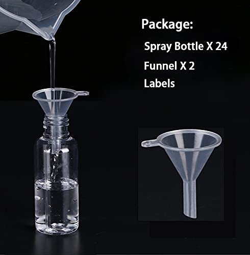 TINFO Spray Bottles, 24 Pack 50 Milliliter 2 Ounce Clear Empty Fine Mist Plastic Mini Travel Bottle Set, Small Refillable Liquid Containers