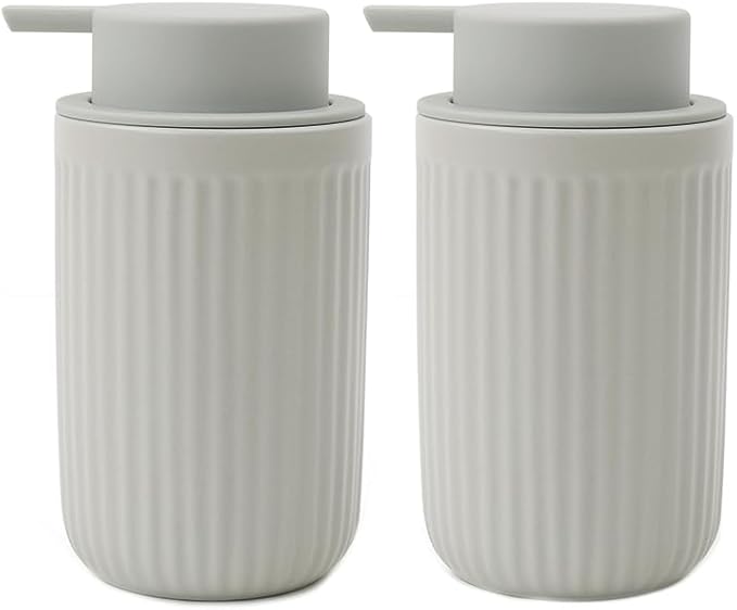 BosilunLife Foaming Soap Dispenser Set - Grey Ceramic Foam Hand Soap Dispenser 12oz with Rust Proof Pump, Easy Pressing, Refillable for Kitchen, Bathroom - 2 Pack