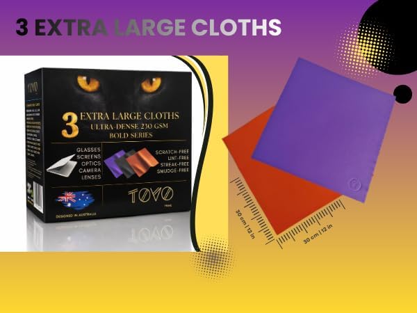 Extra Large Microfiber Screen Cleaning Cloths | 12"x12", 230 GSM | Australian Designed | Eyeglass, Glasses, Camera, Screen, TV, Laptop & Headset Cleaning Cloths | 3 Packs, Bold Series