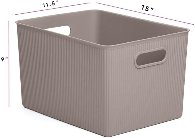 Decorative Plastic Basket Open Home Storage Bins Organizer, X-Large Taupe (4 Pack) Container Boxes for Organizing Closet Storage Bins for Shelves Drawer Shelf - Ribbed Collection 22 Liter/23 Quart