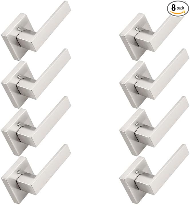 Probrico Brushed Nickel Half Dummy Levers, Square Non-Turning Door Knobs for Left or Right Handed Doors, Interior Inactive Door Handle for Closet or Pantry (8 Pack, Single Side, Exposed Screws)