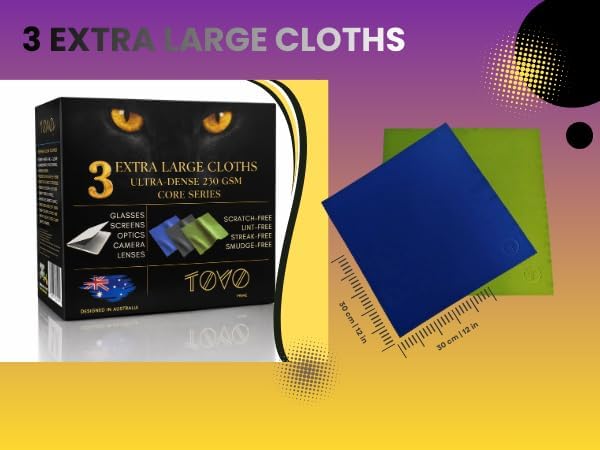 Extra Large Microfiber Screen Cleaning Cloths | 3 Packs | 12"x12", 230 GSM | Australian Designed | Eyeglass, Glasses, Camera, Screen, TV, Laptop & Headset Cleaning Cloths | Core Series