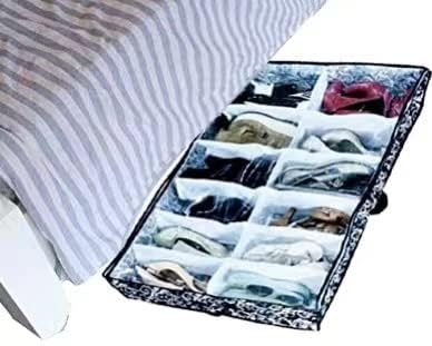 Men/Woman 12 Cells See Through Underbed shoes and boots Storage Bag Organizer with black and white flower (black)