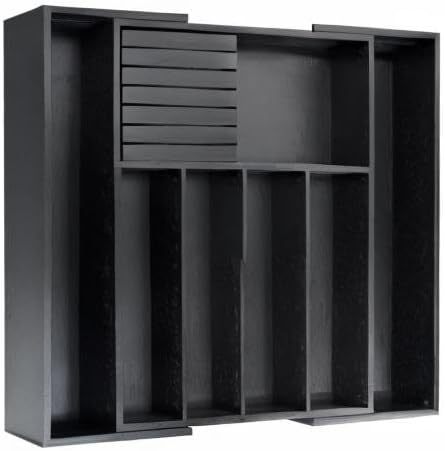 VaeFae Bamboo Silverware Drawer Organizer Kitchen, Expandable Utensil Organizer with Knife Block, Cutlery Tray with Divider, Multifunctional Drawer Organizer (Black)