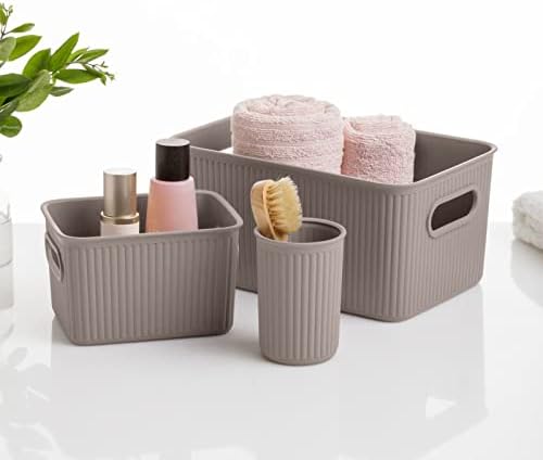 Decorative Plastic Basket Open Home Storage Bins Organizer Baskets, Small Taupe (2 Pack) Container Boxes for Organizing Closet Storage Bins for Shelves Drawer Shelf - Ribbed Collection 1.5 Liter