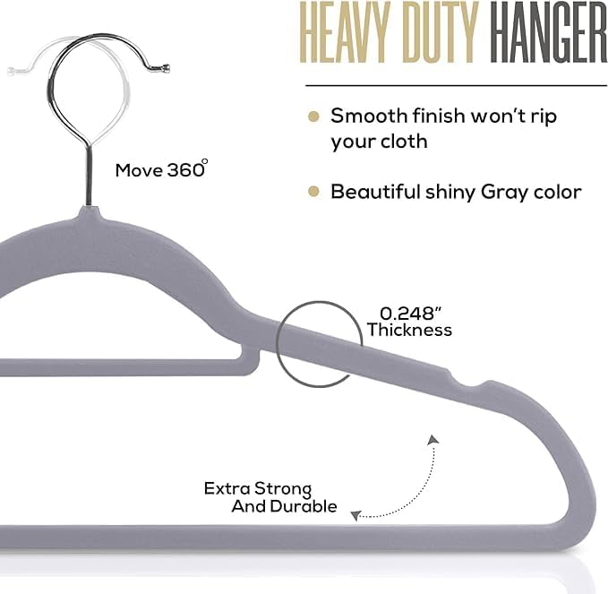 Generic 30pck Velvet Hangers - Heavy Duty Black Hangers for Coats, Pants & Dress Clothes - Non Slip Clothes Hanger Set - Space Saving Felt Hangers for Clothing - Black/Gray Hnagers (Gray, 30)