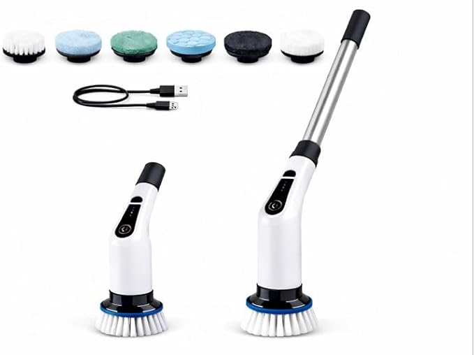 Electric Spin Scrubber, Cordless Cleaning Brush Scrubber for Home, 6 Replaceable Brush Heads-90Mins Work Time, 2 Speeds for Bathroom Shower Bathtub Glass Car