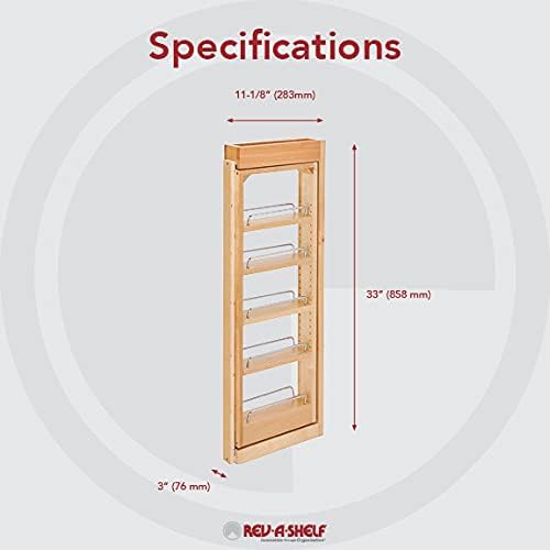 Rev-A-Shelf 3"W x 33"H Pull Out Quad Shelf Organizer for Wall & Base Kitchen Cabinets, Full Extension Filler Spice Rack, Adjustable, Wood, 432-WF33-3C