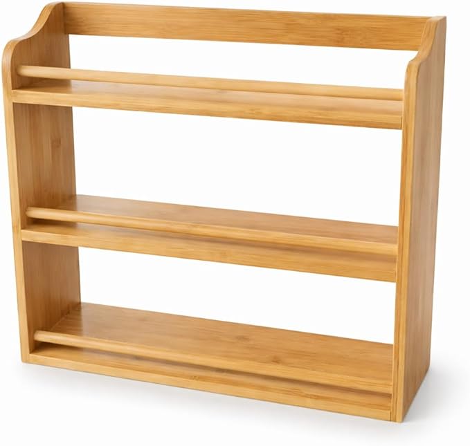Bamboo Spice Rack Organizer – 3 Tier Countertop or Wall Mounted – Solid Natural Bamboo – Kitchen Spice Shelf Storage – Space Saving Organizer