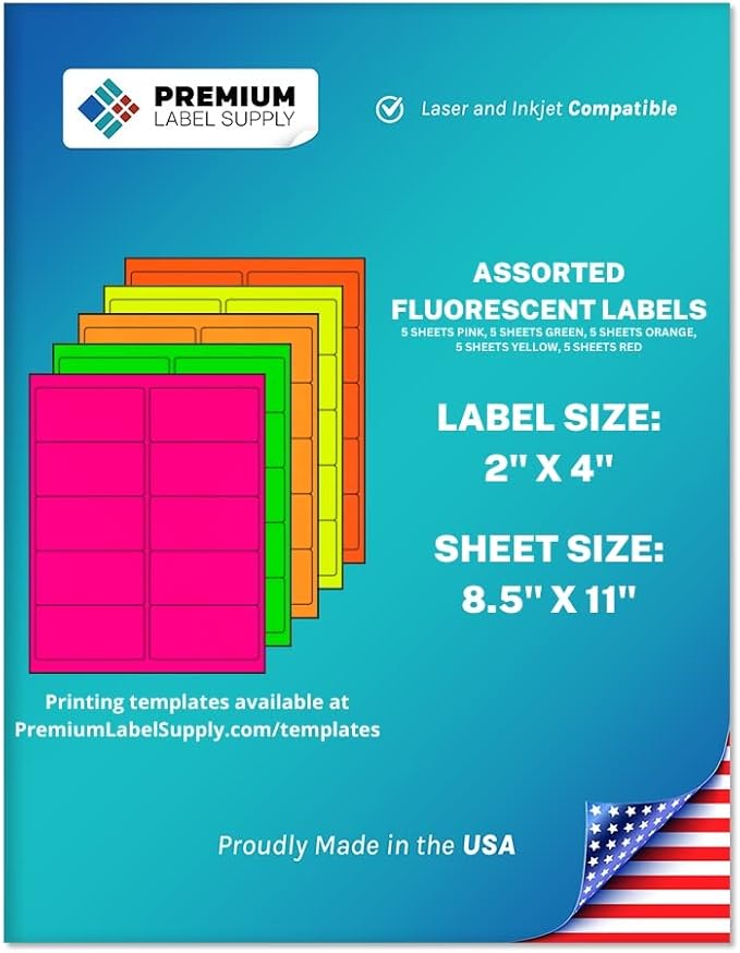 Premium Label Supply Bright Neon Color Fluorescent Stickers - 2" x 4" Labels - (Assorted Fluorescent, 250 Labels)