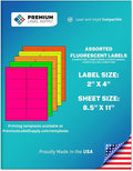 Premium Label Supply Bright Neon Color Fluorescent Stickers - 2" x 4" Labels - (Assorted Fluorescent, 250 Labels)