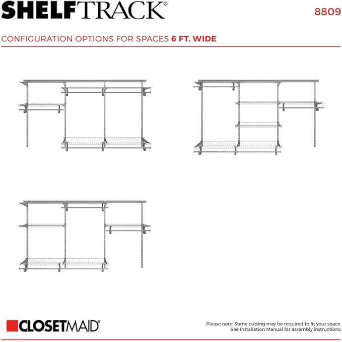ClosetMaid ShelfTrack Wire Closet Organizer System, Adjustable from 5 to 8 Ft., With Shelves, Clothes Rods, Hardware, Durable Steel, Satin Chrome