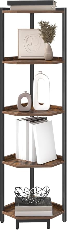 Corner Shelf Stand, Corner Bookshelf, Storage Standing Shelf Unit with Metal Frame, Plant Stand, Bookcase for Living Room, Home Office, Bedroom, 5-Tier Rustic Brown CS05901B