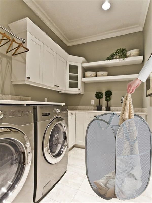 2 Pack Pop Up Laundry Hamper, Collapsible Laundry Baskets, Foldable Mesh Laundry Baskets Storage Bins Large Top Opening for Bedroom, College Dorm, Travel (Grey)