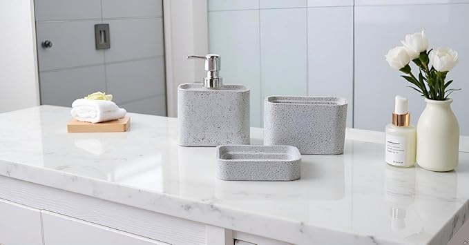 Hymmah Marble Pattern Bathroom Accessories Set, Toothbrush Holdr Set, 3 Pieces Resin Bathroom Set with Toothbrush Holder, Soap Dispenser, Soap Dish,Tumbler(Grey)