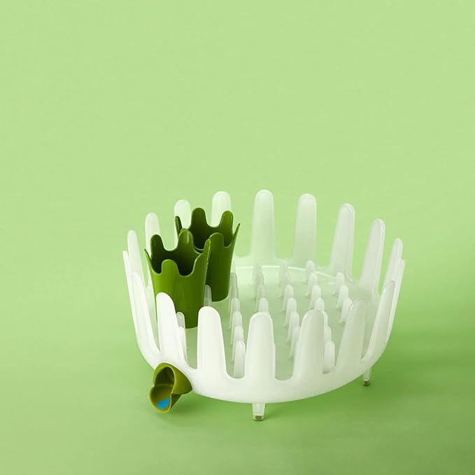 Chef'n Plastic Dish Garden Dish Rack, Compact & Stylish - Ideal for Small Kitchens, Space-Saving Two-Tier Design with Movable Utensil Holders & Drain Spout (White/Green)