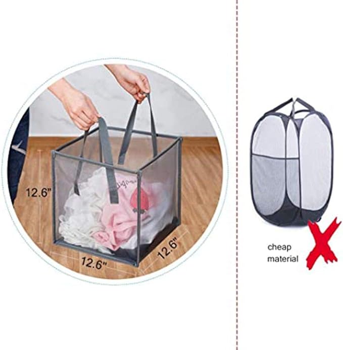Pop Up Laundry Baskets - Mesh Collapsible Laundry Hampers Storage with Handle - Foldable for Washing Storage, Great for The Kids Room, College Dorm, Travel Organizer (Grey)