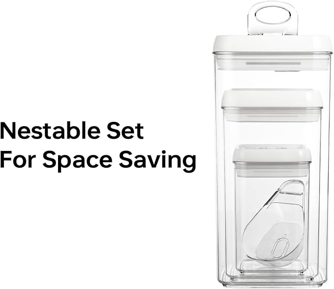Felli Flip Tite Acrylic Food Storage Container with Lid 6” XL Air Tight Ring Seal Flip Top, Plastic Kitchen Baking Canister for 5 lb Flour Protein Powder Pantry Organizer (Nest-L, White) With Scoop