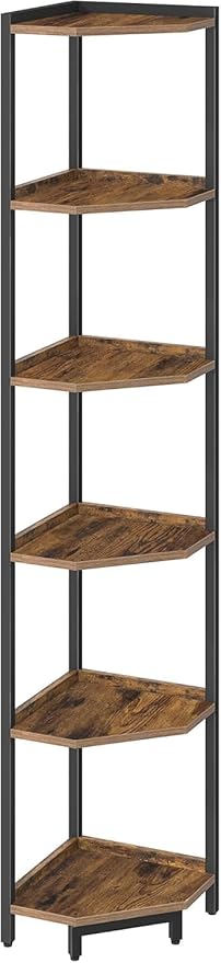 Corner Shelf Stand, Corner Bookshelf, Storage Standing Shelf Unit with Metal Frame, Plant Stand, Bookcase for Living Room, Home Office, Bedroom, 6-Tier Rustic Brown CS06001B