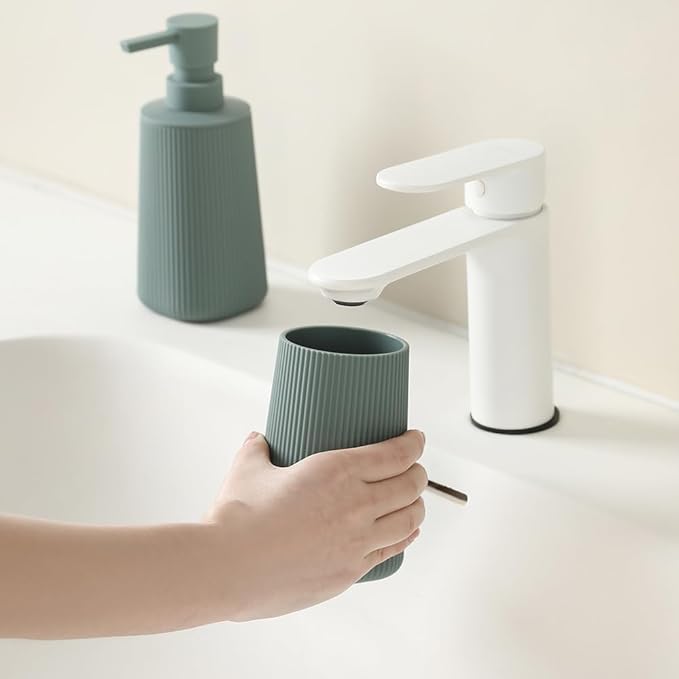 Bathroom Accessories 2 Piece Soap Dispenser and Toothbrush Holder Set Striped Green