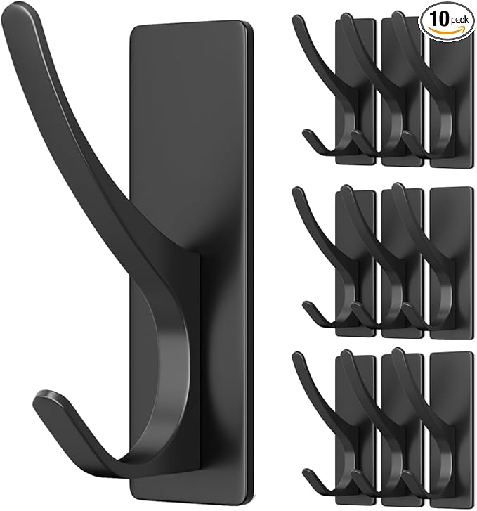 10 Pack Self Adhesive Coat Hooks for Hanging: Heavy Duty Stainless Wall Hook for Towel, Utensil, Backpack, Hat, Sturdy Metal Hanger for Bathroom, Kitchen, Door, Matt Black