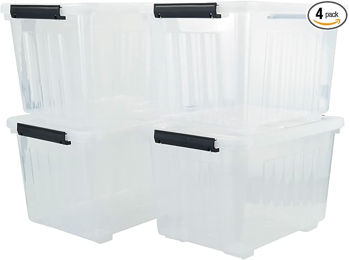 EudokkyNA 4-pack 50 Quarts Storage Boxes with Wheels, Large Clear Plastic Bin Totes with Lid