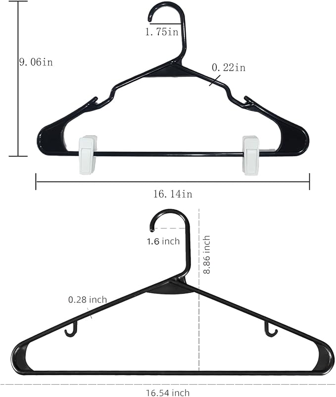 Plastic Hangers 20 Pack, Pants Hangers with Clips, Durable Non-Slip Space-Saving for Single Person Needs Include 10 Clips+ 4 connectors+1 Belt Storage (2, Black)
