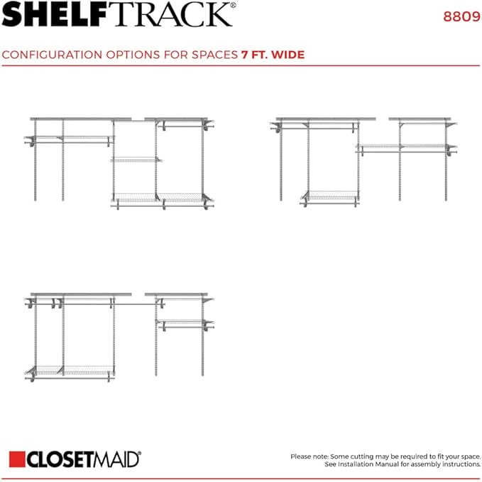 ClosetMaid ShelfTrack Wire Closet Organizer System, Adjustable from 5 to 8 Ft., With Shelves, Clothes Rods, Hardware, Durable Steel, Satin Chrome
