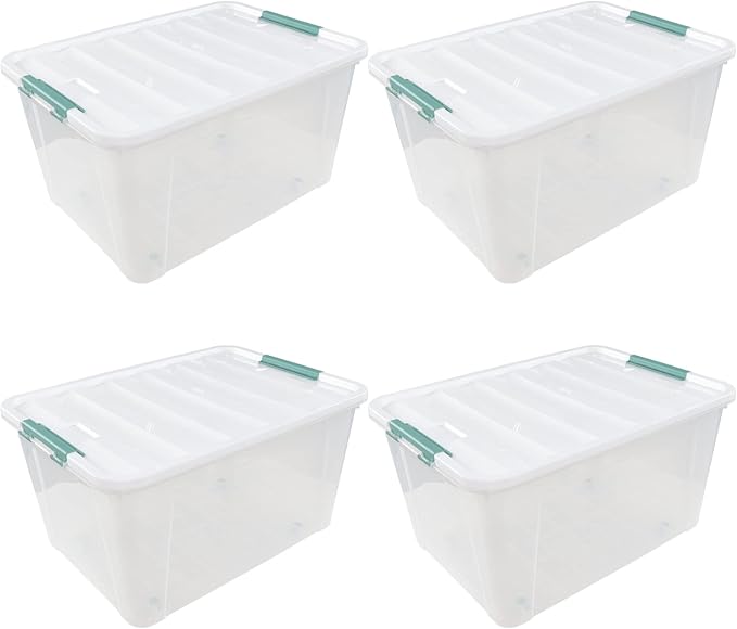 Zerdyne 80 L Extra Large Plastic Storage Box, Clear Large Plastic Storage Bins with Wheels, 4-Pack