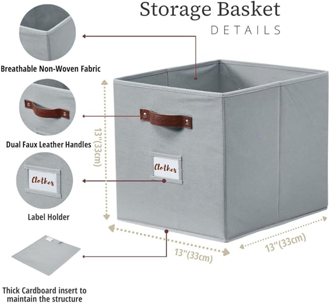 DECOMOMO Storage Cubes, 13x13x13 Storage Cube Bins with Labels, Fabric Organizer Bins (13" / 6pcs, Grey)