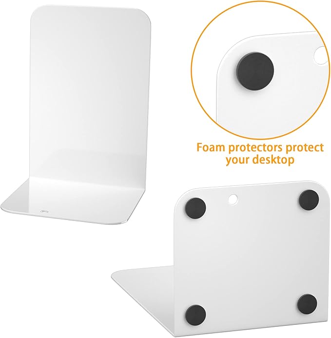 VFINE Bookends 4 Pairs, White Metal Book Ends, Bookends for Shelves, Book Stopper for Heavy Books, Book Dividers for Home Office