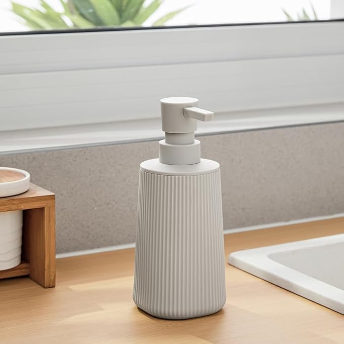 Small Soap Dispenser for Bathroom and Kitchen, Modern Farmhouse Striped Style Plastic Hand Soap Dish Soap Dispenser with Pump Matte Beige