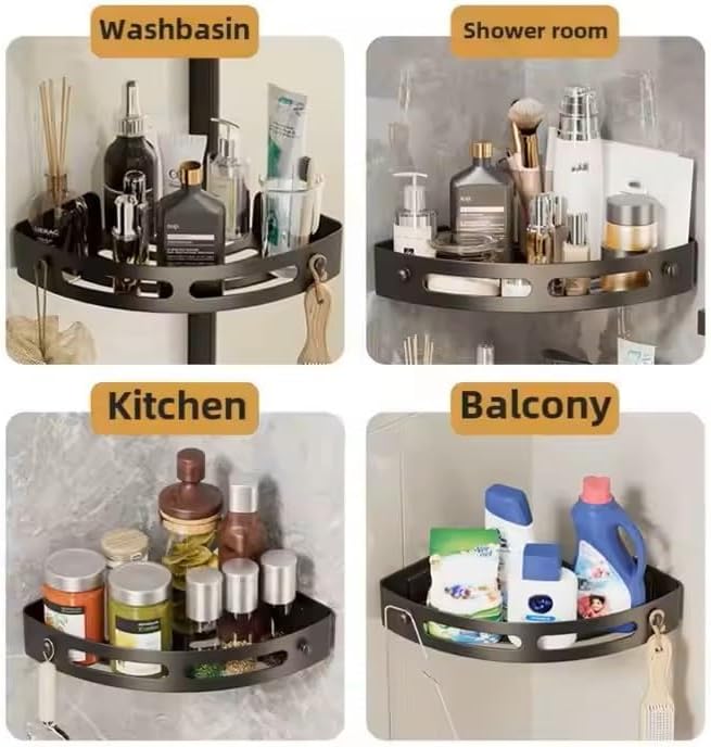 Corner Shower Caddy, Black Wall Mounted Bathroom Storage Rack, Plastic Organizer Shelf with Drainage Holes, 2 Pack, for Kitchen, Bathroom, no Cracking (Smooth Tile only no Textured Tile)