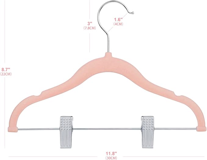 ManGotree 11.8'' Baby Velvet Hangers with Movable Clips, Non-Slip Kids Clothes Hangers, Ultra-Thin Space-Saving Children's Felt Hangers for Shirts, Pants, Dresses, Skirts, Jackets (16 Pack, Pink)