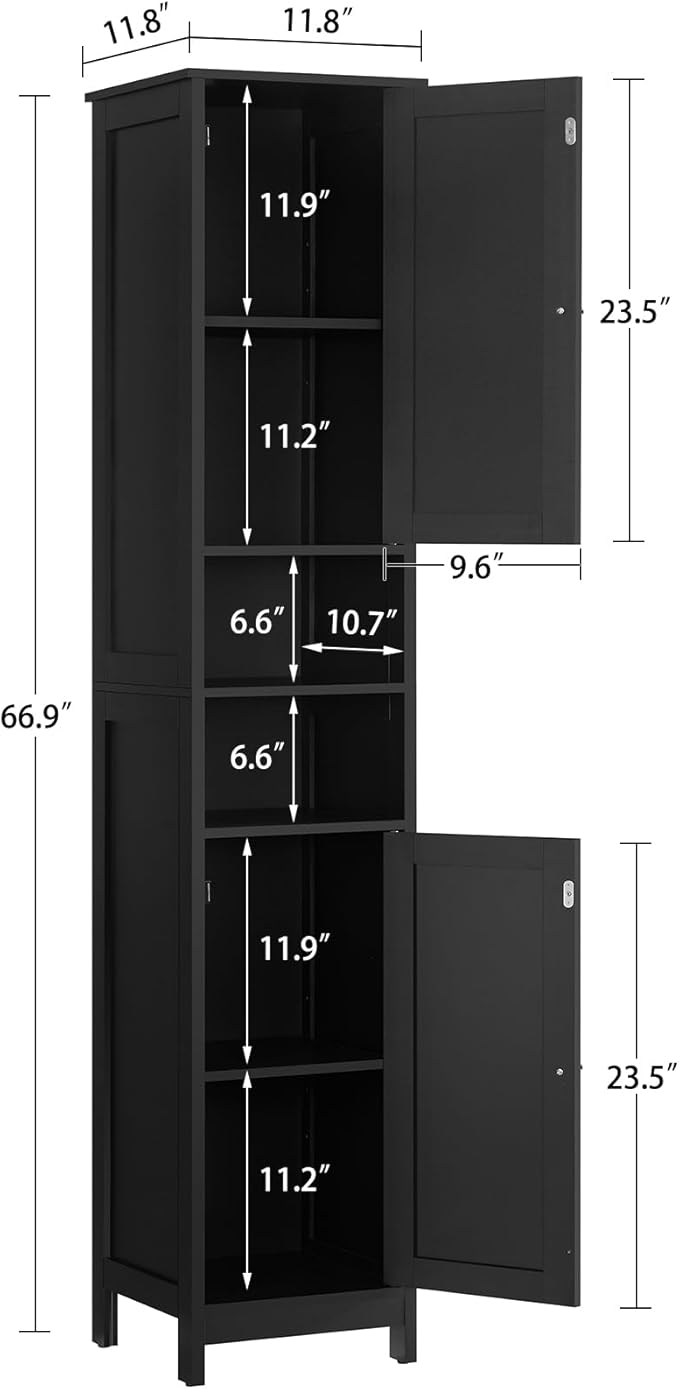 TEENFON 67" Tall Bathroom Cabinet with Adjustable Shelves and Doors, Narrow Bathroom Storage Cabinet for Small Space, Living Room, Entryway, Kitchen, Black