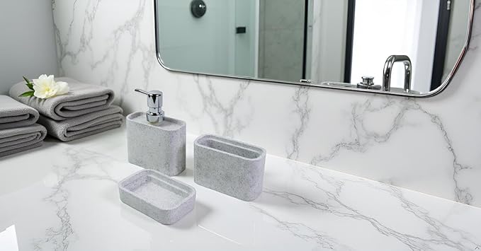 Hymmah Marble Pattern Bathroom Accessories Set, Toothbrush Holdr Set, 3 Pieces Resin Bathroom Set with Toothbrush Holder, Soap Dispenser, Soap Dish,Tumbler(Grey)