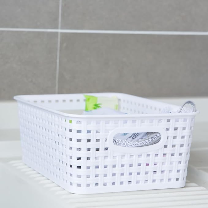 White Plastic Woven Storage Baskets, 6-Pack Weave Basket Organizer for Kitchen Office Bathroom