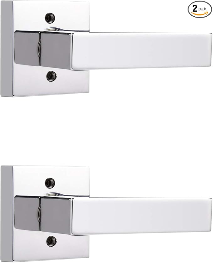 Probrico 2 Pack Polished Chrome Single Side Dummy Levers [Exposed Screws] with Square Rosette Universal Handing Heavy Duty Non- Functioning Interior Handles