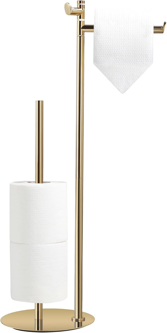 BVL Toilet Paper Holder Stand in Gold, SUS304 Stainless Steel, Weighted Base, Holds 5 Jumbo Rolls, Waterproof Pad, Compact Space-Saving Design with Built-in Hook for Modern Bathroom Storage