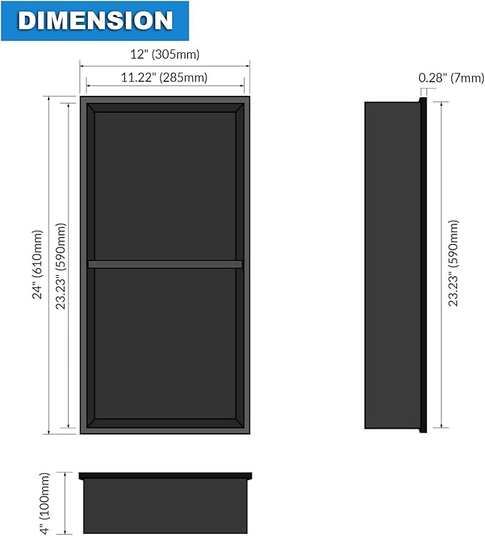 BATHFINESSE Shower Niche 24" X 12" Black, Stainless Steel Wall Niche Double Shelves Recessed Shower Shelf for Bathroom Storage, No Tile Needed Over Mount Installation