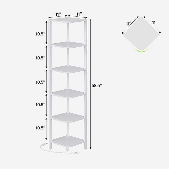 TUTOTAK Corner Shelf with LED Light, 6-Tier Corner Bookshelf for Small Space, Narrow Display Corner Shelf Stand with Storage Rack, for Living Room, Bedroom, White BS08BW006L