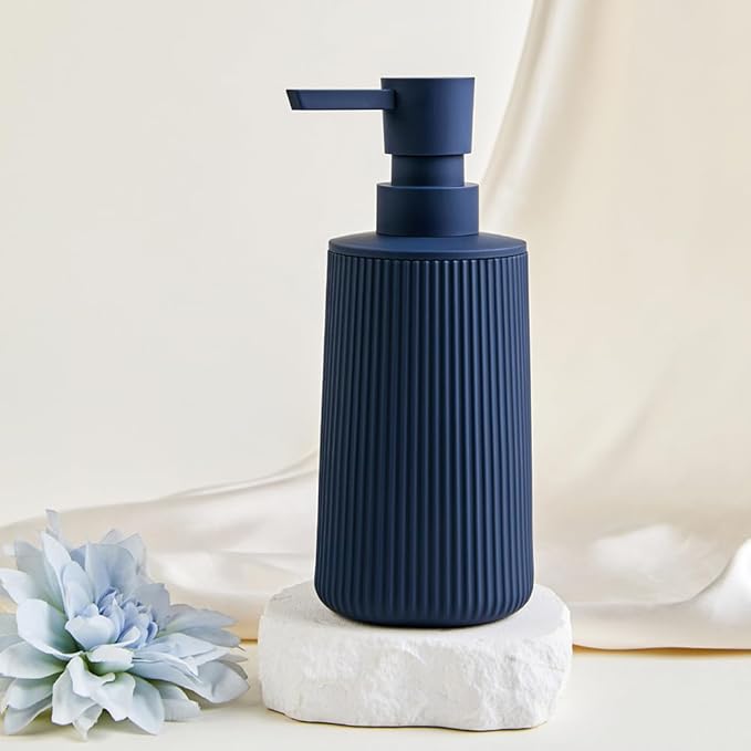 Small Soap Dispenser for Bathroom and Kitchen, Modern Farmhouse Striped Style Plastic Hand Soap Dish Soap Dispenser with Pump Matte Blue
