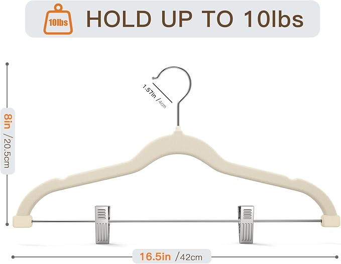 Flottian 24 Pack Beige Velvet Pants Hanger,Velvet Hangers with Clips Adjustable,Space-Saving Slim Flocked Hanger,Heavy Duty Non Slip Hangers for Skirts,Coats,Pants,Dress